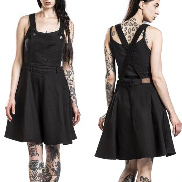 Hell Bunny Dress Womens 2XL Black Dakota Pinafore Denim Goth Pinup Punk Overall - Picture 1 of 10